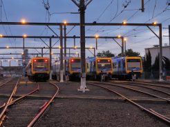 Trains  in the yard ready to be cleaned 