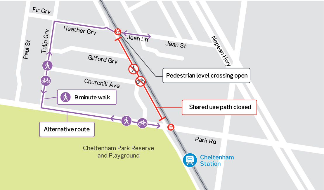 Shared use path between Park Road and Heather Grove detour - click to view larger version of map