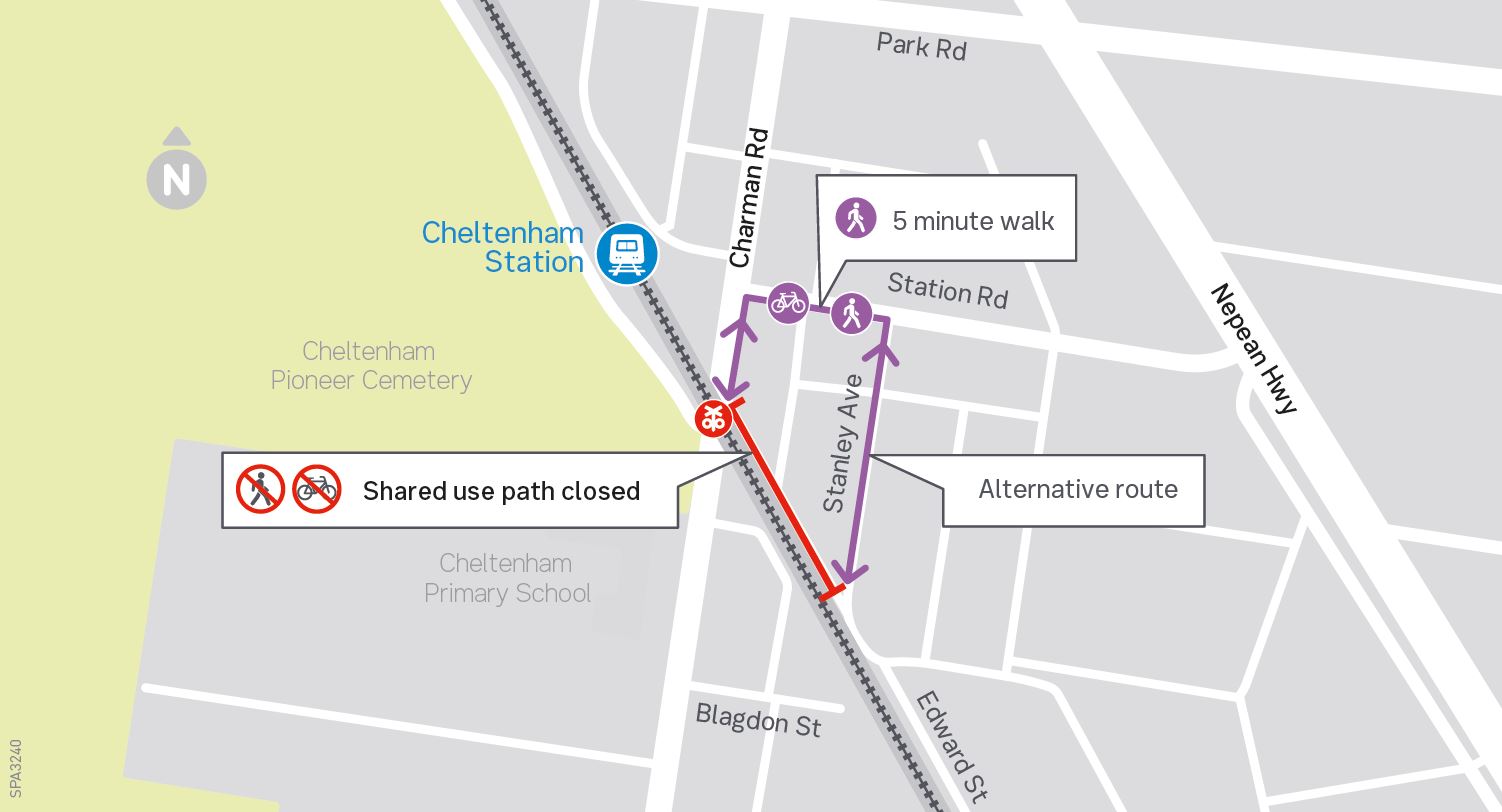 Shared use path between Charman Road and Stanley Avenue detour - click to view larger version of map