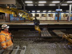 The Metro maintenance team working to lay the new recycled sleepers at Richmond Station 