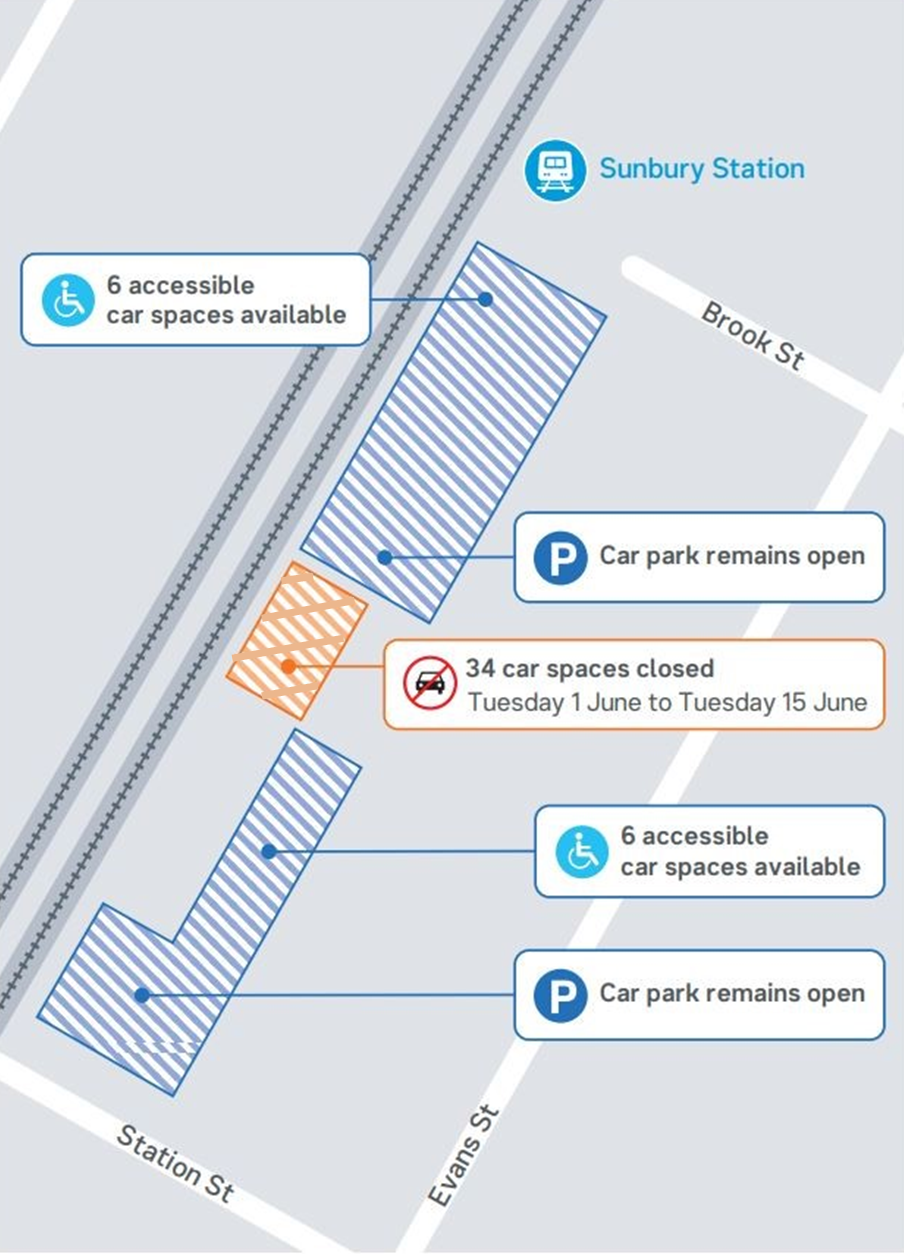 Image shows the 34 car park spaces that are closed, and the ones that remain open - click to view larger version of map