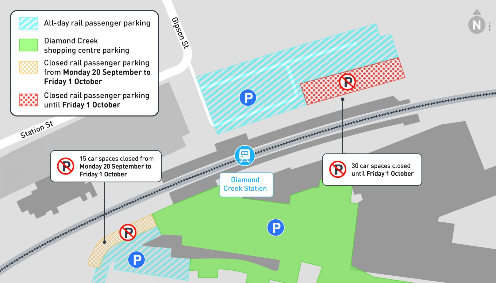 Diamond Creek Station car space closures - click to view larger version of map