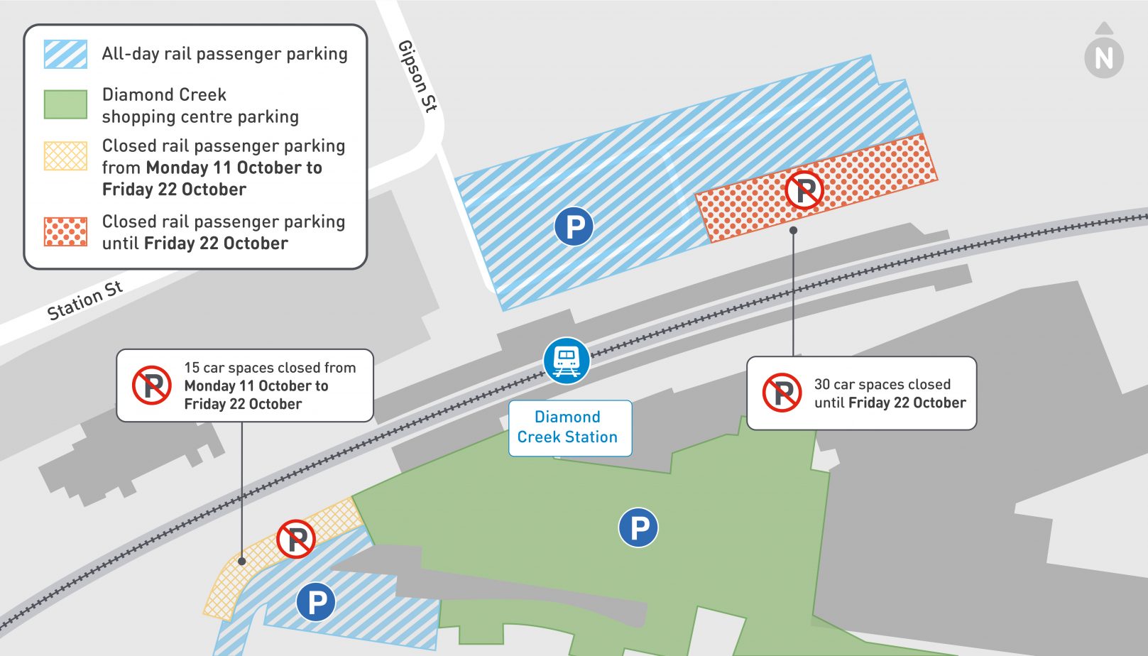 Diamond Creek Station car space closures - click to view larger version of map