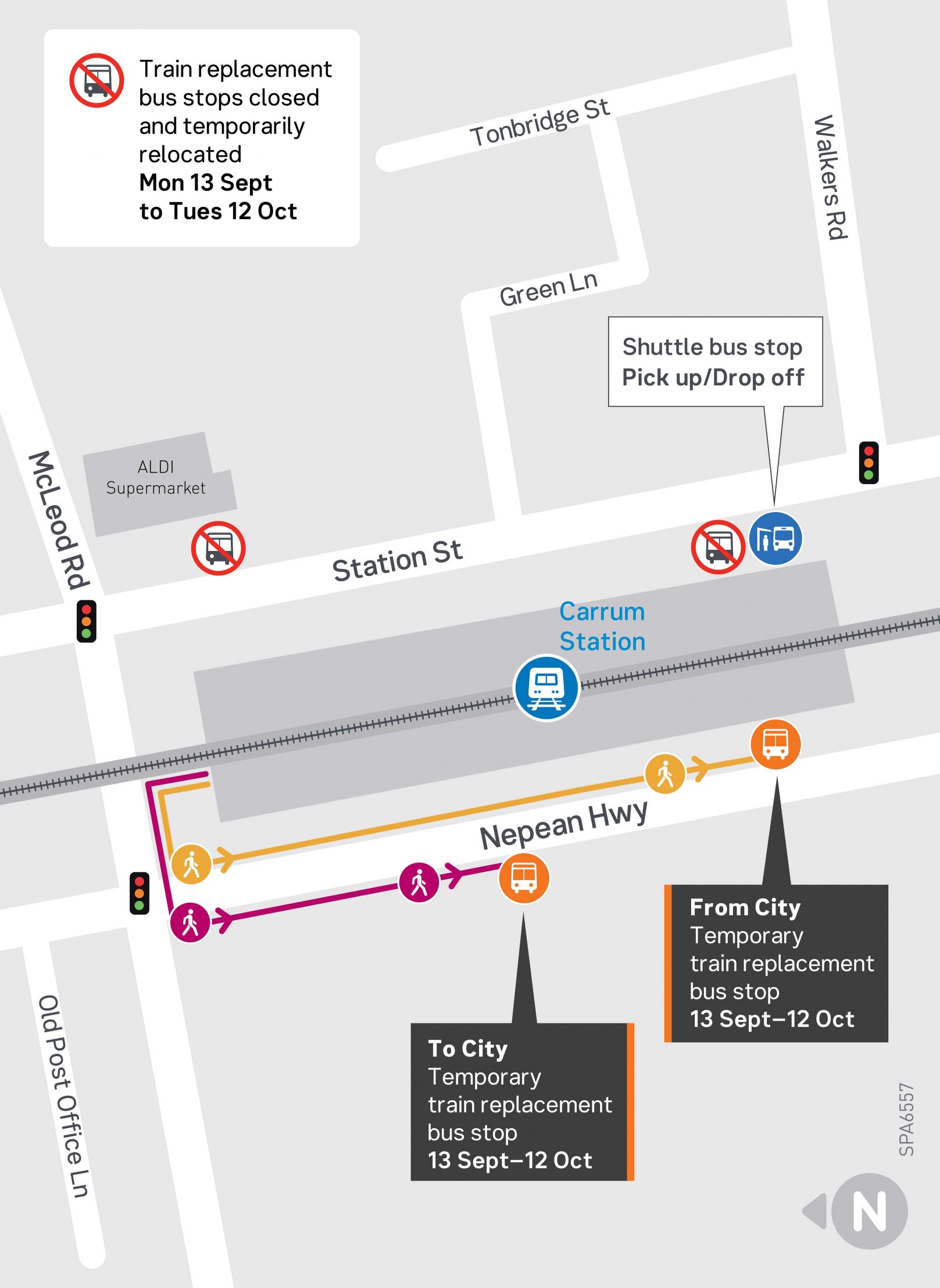 Carrum Station replacement bus stop temporary relocations - click to view larger version of map