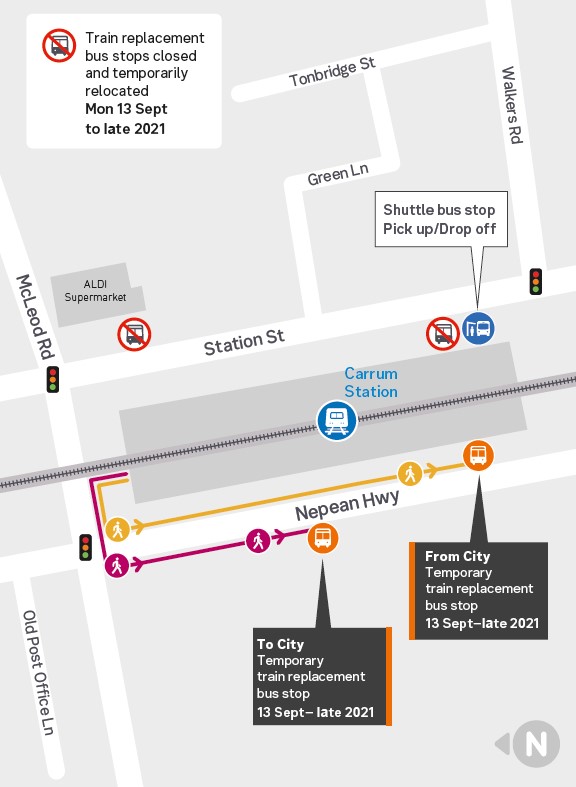 Carrum Station replacement bus stop temporary relocations - click to view larger version of map