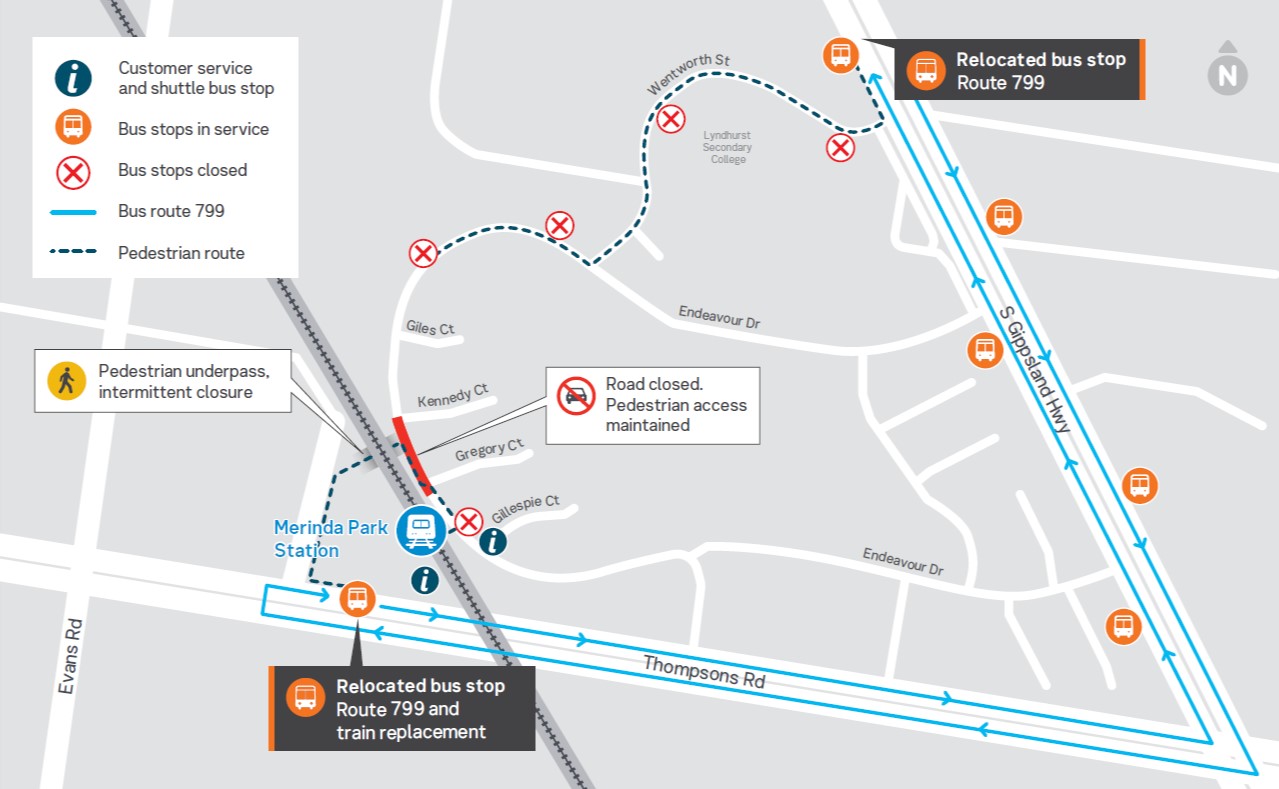 Merinda Park Station temporary train replacement bus stop relocations - click to view larger version of map
