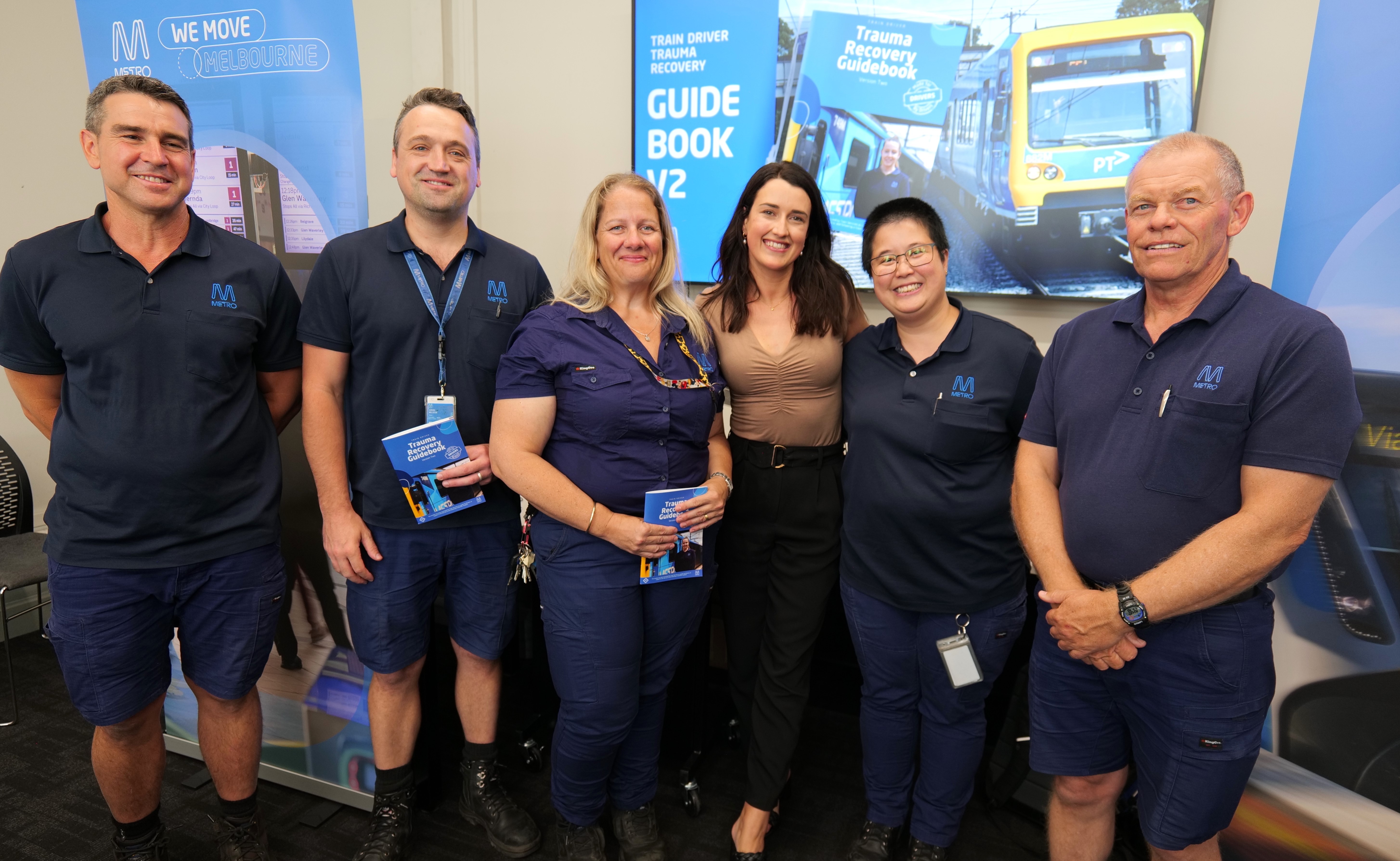 At the launch of the Train Services Trauma Recovery Guidebook Version 2: Paul Schweitzer (On Job Trainer), Simon Wilgose (On Job Trainer), Tamara Aquilina (Train Driver), Brittany Fisher (Depot Train Driver Manager), Jenny Kwong (On Job Trainer), Ian Web (Training Officer).